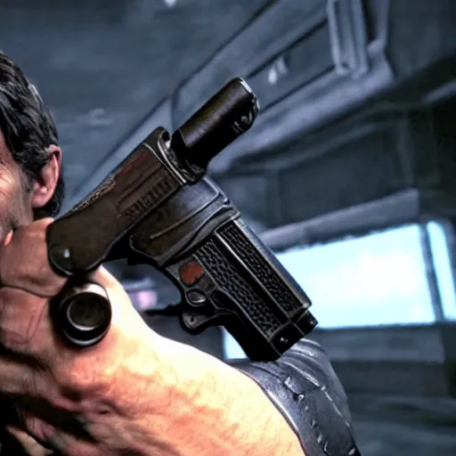 Image similar to todd howard pointing a gun towards the camera and forcing you to buy skyrim, threatening, sharp, cinematic, colorful, digital, neon, bright, cyberpunk, blade runner 2 0 4 9, realistic