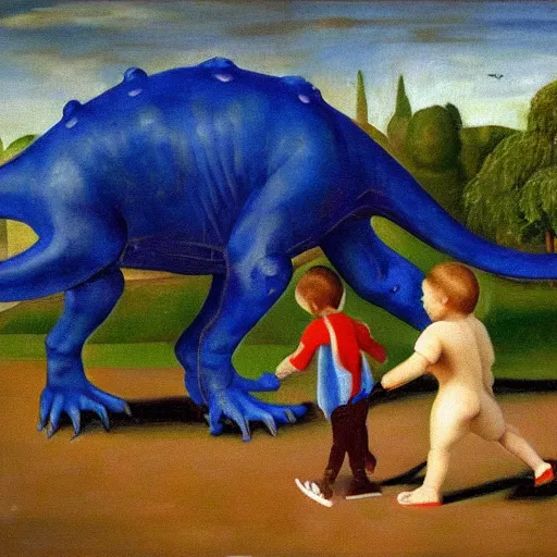 Image similar to a kid at the park walking a dinosaur with a leash, renaissance oil painting by Yves Klein and Judson Huss and Natalia Goncharova, artstation