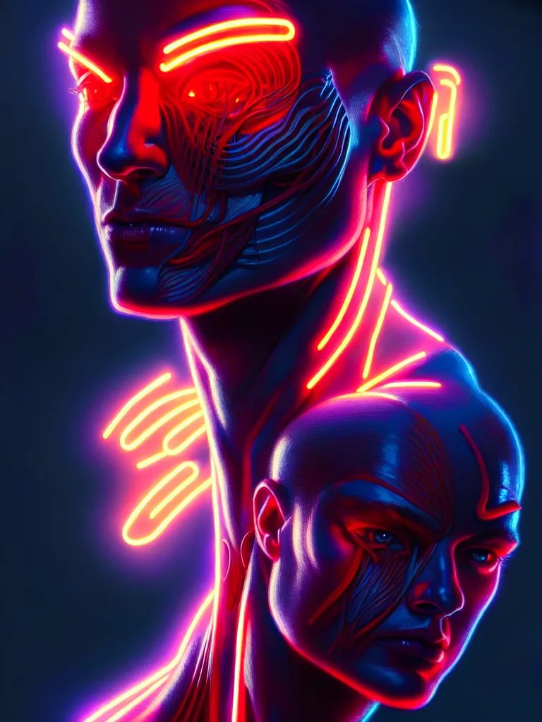 Image similar to portrait of male humanoid, intricate, perfect anatomy, neon lighting, highly detailed, digital photography, artstation, stylish pose, concept art, smooth, sharp focus, illustration, art by artgerm and greg rutkowski