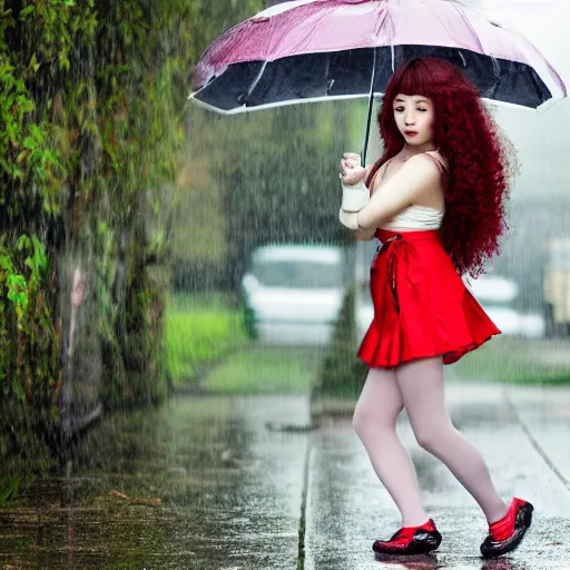 prompthunt: anime girl walks in lingerie and pantyhose in the rain with an  umbrella, red curly hair in pigtails with an elastic band, rain, full HD, 8k