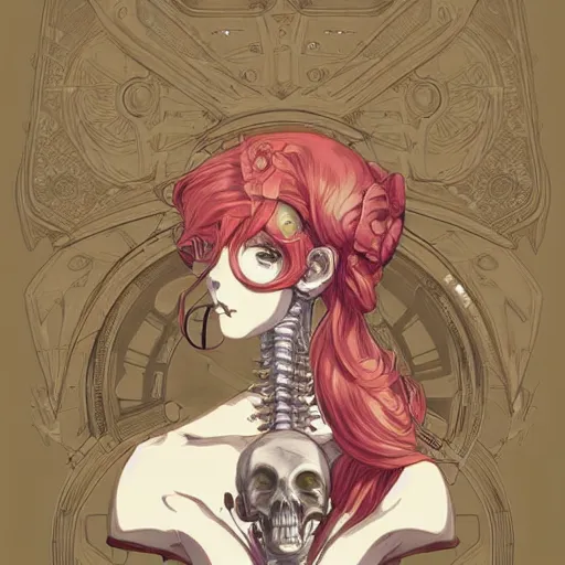 Image similar to anime manga skull profile young woman skeleton,biker helmet, unreal engine, intricate, elegant, highly detailed, digital art, art by JC Leyendecker and sachin teng