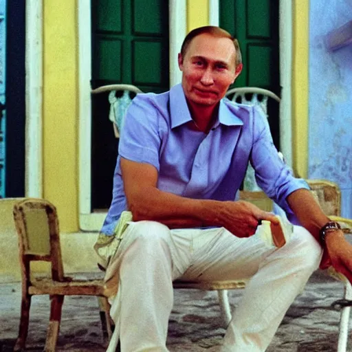 Image similar to Vladmir Putin enjoying the summer in cuba, photo made by Slim Aarons, award winning,