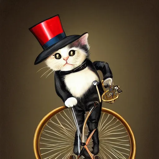Prompt: Kitty with a tophat and monocle riding a unicycle, hyperrealistic painting 4K digital art trending on artstation