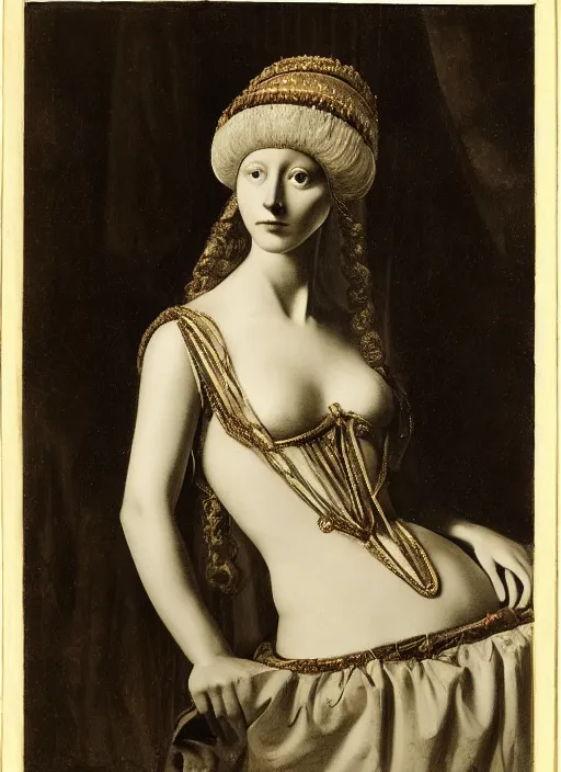 Prompt: portrait of young woman in renaissance dress and renaissance headdress, art by edward steichen