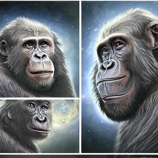 Image similar to a wlop 3 d render of very highly detailed beautiful mystic portrait of a dog ape with whirling galaxy around, tattoos by anton pieck, intricate, extremely detailed, digital painting, artstation, concept art, smooth, sharp focus, illustration, intimidating lighting, incredible art,