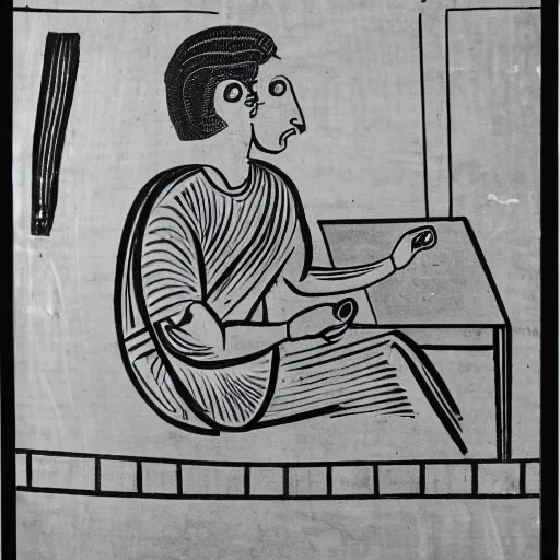 Image similar to photo of an anceint greek vase depicting a man playing games on his computer with his back hunched, 4 k, award winning photograph, ancient greek vase, museum photograph, highly detailed
