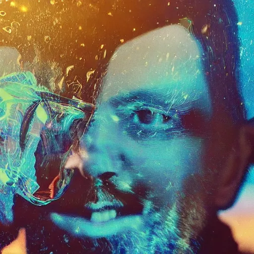 Image similar to thom yorke singer songwriter in a spacesuit filling up with water, a computer rendering by mikolas ales, unsplash, video art, anamorphic lens flare, 8 k 3 d, datamosh, beautiful blue eyes, eyes reflecting into eyes reflecting into infinity, eyes reflecting into eyes reflecting into infinity