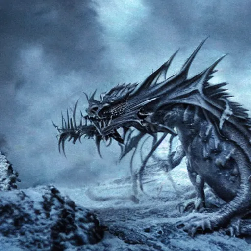 Image similar to dead blue dragon, in the snow, ethereal, matte painting, still from the movie, high fantasy,