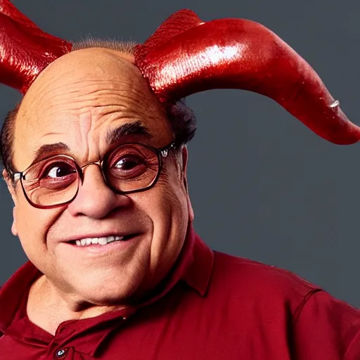 Prompt: danny devito as the devil, red horns, red colored skin