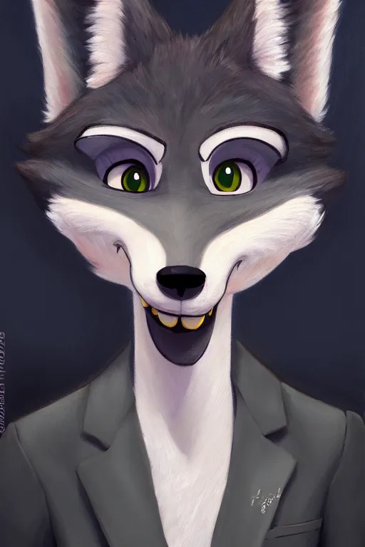 Image similar to oil painting of anthromorphic female wolf, in style of zootopia, female fursona, furry, furaffinity, 4 k, deviantart, furry art, fursona art, wearing black business suit, business suit, wolf fursona, female, very expressive detailed feminine face,