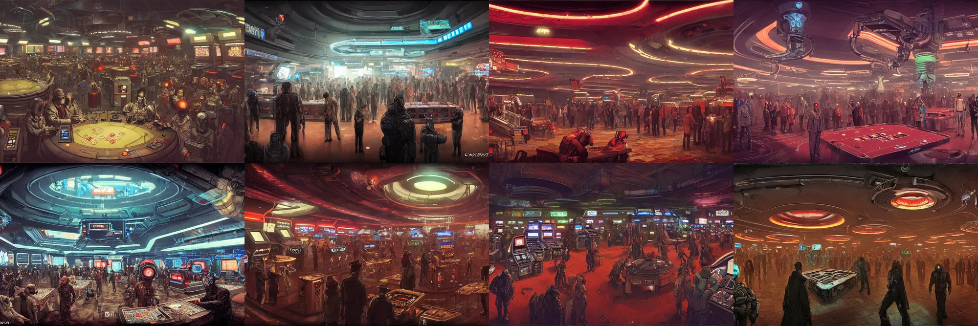 Prompt: inside a bustling cyberpunk casino on mars, filled with people, robots, cyborgs, aliens, glowing lights, by enki bilal