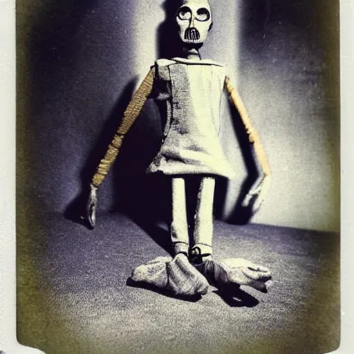 Image similar to creepy marionette puppet, clockwork horror, pediophobia, lost photograph, forgotten, final photo found before disaster, polaroid,