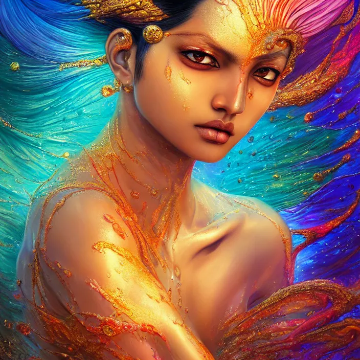 Image similar to ultra detailed stunning digital painting of a angry indian anime girl, skin made out of chrome, covered in a sea of iridescent liquid, lost in a dreamy oriental realm by Karol Bak, Moebius, hiroshi yoshida, Druillet, xsullo, colorful, front view, vivid colors, 8k, coherent, anime vibes, uplifting, magical composition, artstation, synthwave, 8k, coherent, artgerm, uplifting, unreal engine, magical composition, artstation