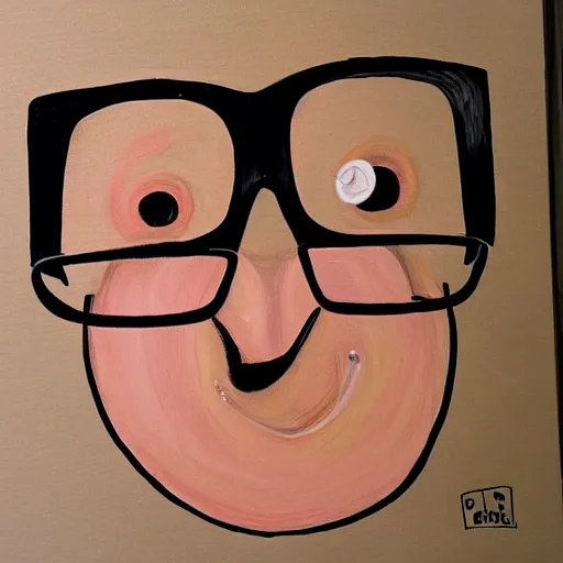 Prompt: a peanut with human features, nerdy glasses and strange expression, realistic painting