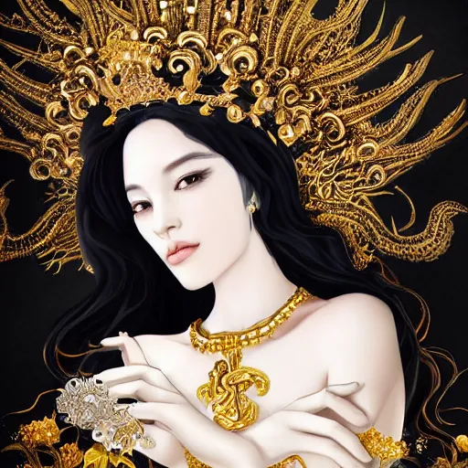 Image similar to a beautiful black haired woman with pale skin and a crown on her head sitted on an intricate metal throne, flower decoration on the background, beautiful illustration, atmosphere, top lighting, perfect composition, smooth, highly detailed, art by so - bin and yuhong ding and chengwei pan,