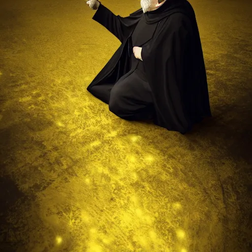 Image similar to An old catholic priest in black garbs kneeled in fervent prayer. His eyes are wide open with fear. Ominous dramatic yellow lighting. Overhead view, award-winning digital art, trending on ArtStation