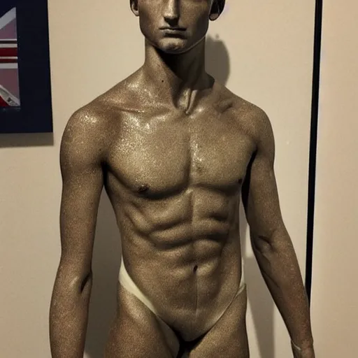 Image similar to “a realistic detailed photo of a guy who is an attractive humanoid who is half robot and half humanoid, who is a male android, British diver Jack Laugher, shiny skin, posing like a statue, blank stare, at the museum, on display”