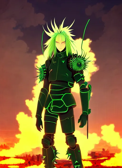 Prompt: a striking cinematic anime full body portrait of a male warrior with long blonde hair and blue eyes wearing evil green spiked cyberpunk armour and standing in the desolate burning ruins of a futuristic city by hirohiko araki and beeple, fine details, digital art, character concept art