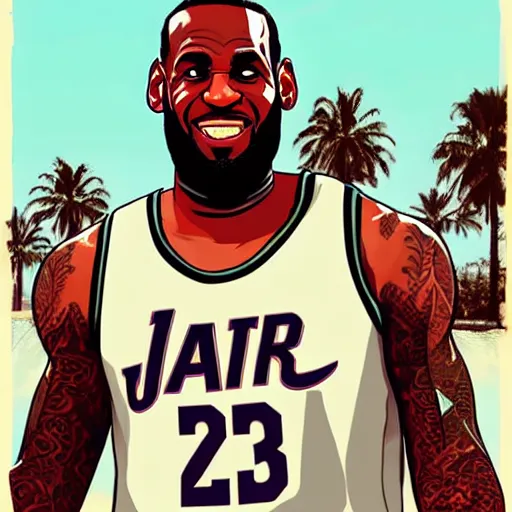 Prompt: happy lebron james wearing a plain tshirt, gta v cover art, art by stephen bliss, matte painting