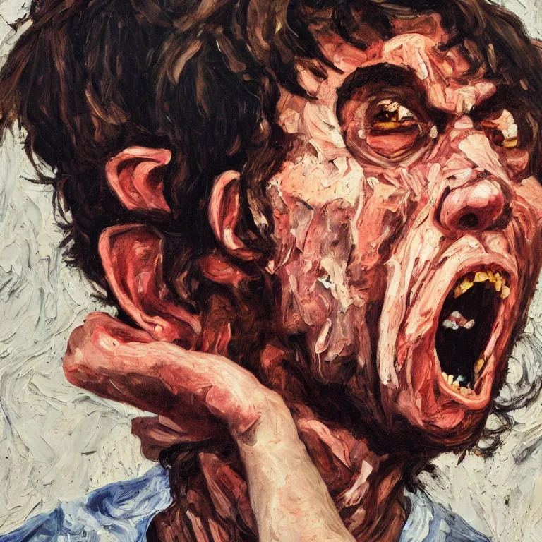 Image similar to warmly lit close up studio portrait of young angry!! screaming George Harrison age 23 furious!, impasto oil painting thick brushstrokes by Lucian Freud and Cy Twombly and Tim Hawkinson , trending on artstation dramatic lighting Expressionism