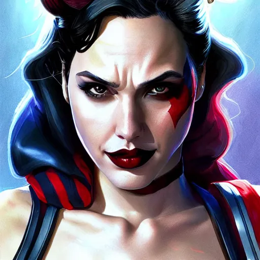 Image similar to a close up face of gal gadot as Harley Quinn, by Stanley Artgerm Lau, WLOP, Rossdraws, James Jean, Andrei Riabovitchev, Marc Simonetti, Yoshitaka Amano, ArtStation, CGSociety, Full body shot