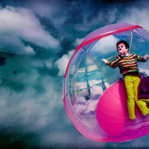 Image similar to film photography of a nuclear family in a zorb ball floating in front of colourful underwater clouds by Kim Keever, low shutter speed, 35mm