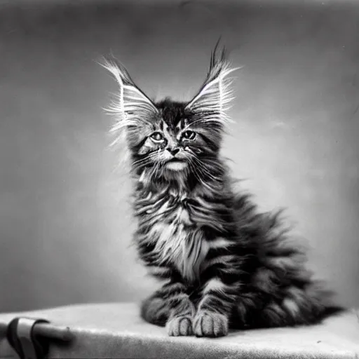 Prompt: close up of a maine coon kitten wearing soldier helmet in the battle, ww 2 historical photography, black & white