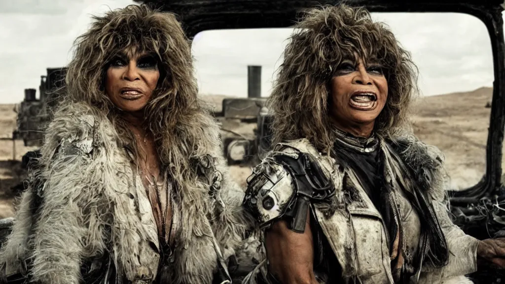 Image similar to tina turner in mad max with dirty ( hyperdetailed face ) riding a cyberpunk steam train, dystopian landscape, rail waggons, cyberpunk, hyperdetailed, 8 k, black smoke, oscar movie shot, cinematic