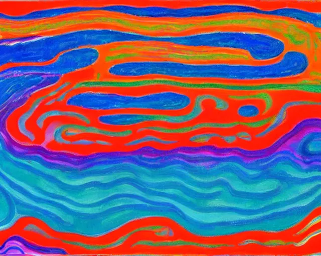 Image similar to Ocean waves in a psychedelic dream world. DMT. Curving rivers. Landscape painting by Edvard Munch. David Hockney. Peter Max.