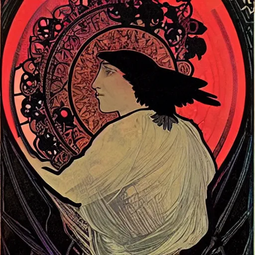 Image similar to a black raven in front of the red moon by alphonse mucha