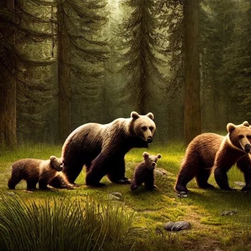 Prompt: wild bear with cubs in the forest, realistic, tone mapping, akihiko yoshida, james jean, andrei riabovitchev, marc simonetti, digital illustration, greg rutowski, high key lighting, volumetric lighting, digital art, highly detailed, intricate, ornate, complex, octane render