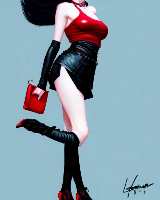 Prompt: a full body portrait of pale skin goth beauty in leather mini skirt and leather tank top, black hair, red lips, digital painting by ilya kuvshinov and ross tran and karol bak and stanley lau and anna dittmann and artgerm and xiaoguang sun and tian zi