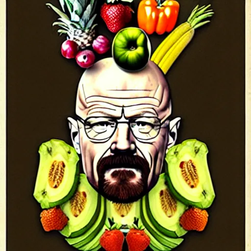 Image similar to walter white in the style of giuseppe arcimboldo, only fruits and veggies