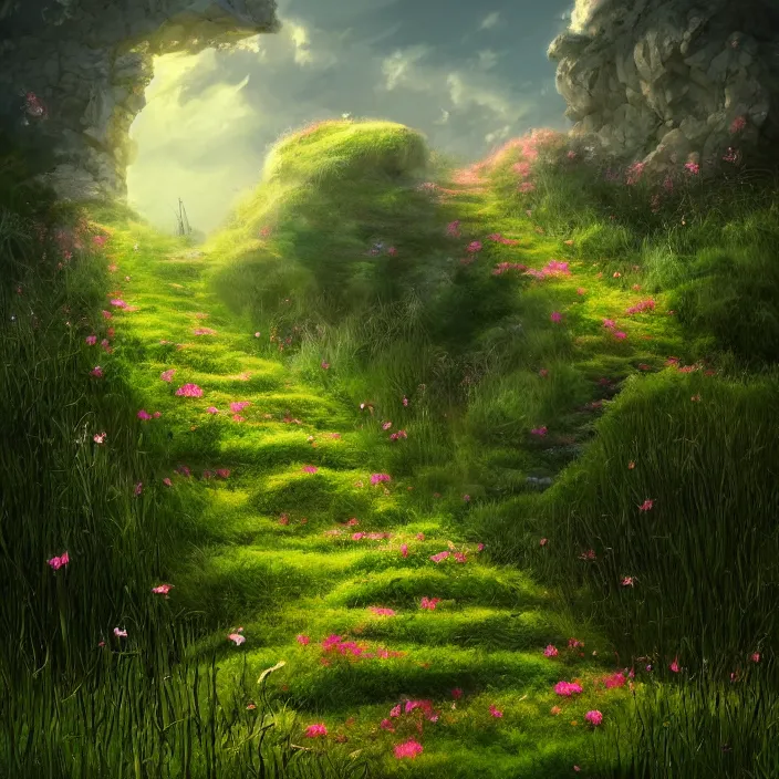 Prompt: a flowery grassy fantasy unreal staircase to heaven, dramatic, lighting, rim light, artstation, digital art.