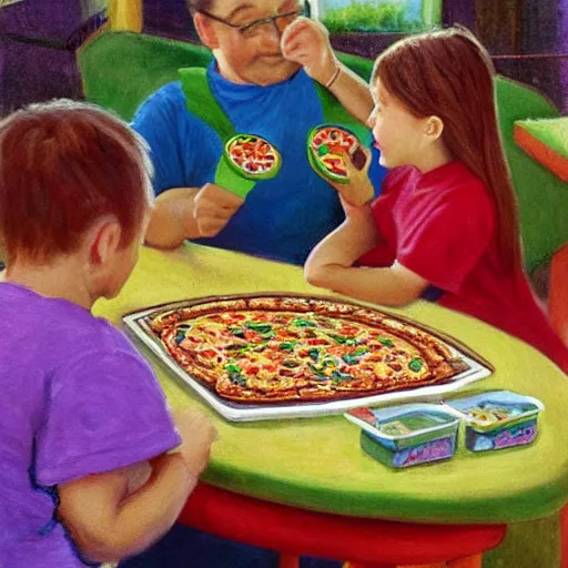 Image similar to a painting of chuck-e-cheese with kids eating pizza by monet