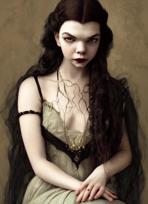 Image similar to a portrait of an elegant beautiful dark bohemian vampire woman, smooth face, glamour shot, (Anya Taylor-Joy), bored, illustration, dramatic lighting, soft details, painting oil on canvas, art nouveau, octane render, HDR, 4k, 8k, HD, by Edmund Blair Leighton, Brom, Charlie Bowater, trending on artstation,