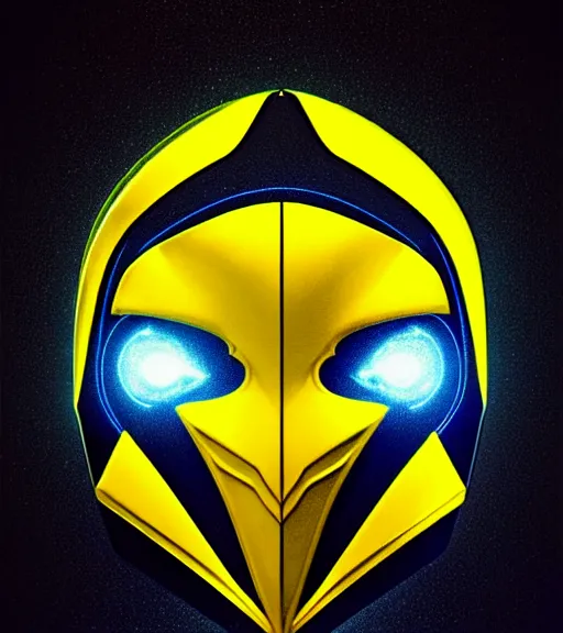 Image similar to symmetry!! yellow ranger, lightning - bolt - shaped eye - lense!!, hard edges, product render retro - futuristic poster scifi, thunderbolt and neon circuits, thunder strikes, intricate, elegant, highly detailed, digital painting, artstation, concept art, smooth, sharp focus, illustration, dreamlike, art by artgerm