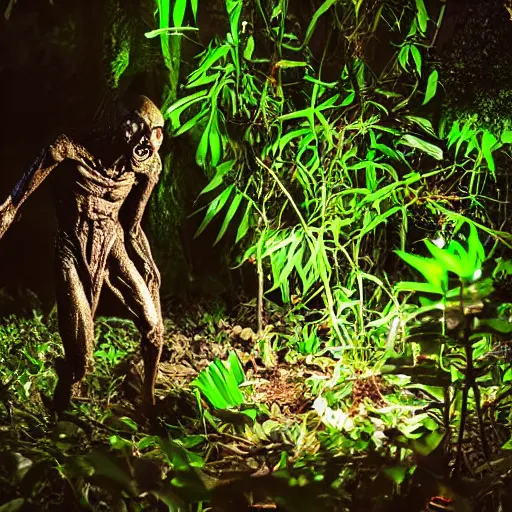 Image similar to an amatir photo capturing alien on jungle at night, candid