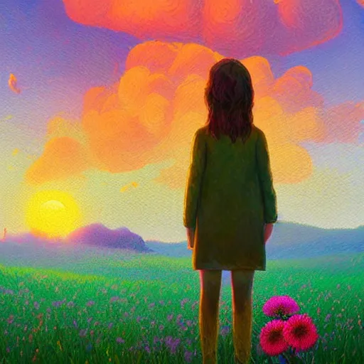 Image similar to girl with one flower as a face, in a field with flowers, hills, big trees, sunrise dramatic light, impressionist painting, colorful clouds, digital painting, pointillism, artstation, simon stalenhag