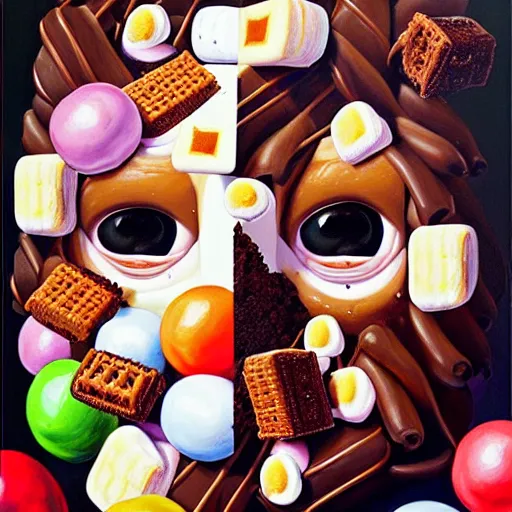 Image similar to drew barrymore face inside! a smore, chocolate, marshmallow graham cracker, digital painting by arcimboldo, rhads