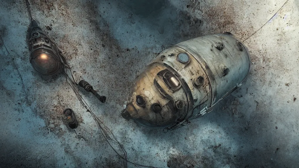 Image similar to a photorealistic dramatic hyperrealistic underwater render of an deep sea submersible, ultra realistic details, glossy surface, well worn, rust, oil stains designed by vitaly bulgarov and mike nash, beautiful dramatic dark moody tones and lighting, cinematic atmosphere, global illumination, shadows, dark background, octane render, 8 k