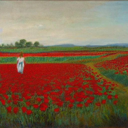 Prompt: a field of red roses with a lady in blue walking in the middle of the field, oil on canvas, bloom, morning, high detail