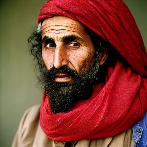 Image similar to portrait of felix beiderman as afghan man, green eyes and red scarf looking intently, photograph by steve mccurry