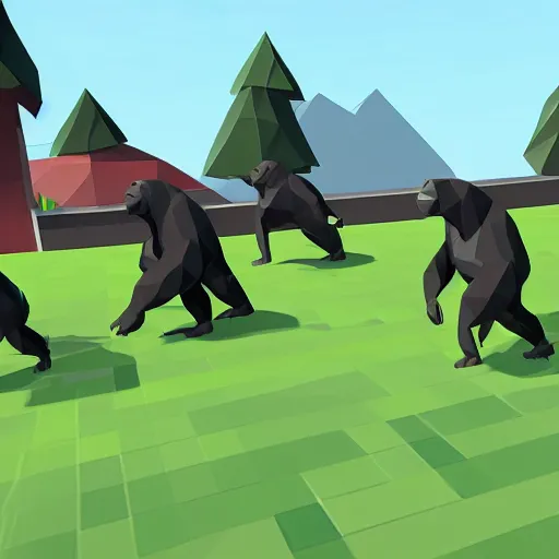 Prompt: gorillas without legs playing a game of tag in low poly video game