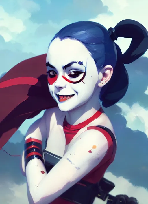 Prompt: portrait of harley quinn, cloudy sky background lush landscape illustration concept art anime key visual trending pixiv fanbox by wlop and greg rutkowski and makoto shinkai and studio ghibli