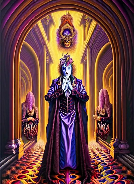 Image similar to beautiful oil painting, full length portrait of vampire dauphinois in baroque coronation robes 1 7 0 1, dan mumford, dan mumford, alex grey, hyacinthe rigaurd, highly detailed, lsd visuals, dmt fractal patterns, visionary art, psychedelic art, ornate, vaporwave, baroque, greg rutkowski