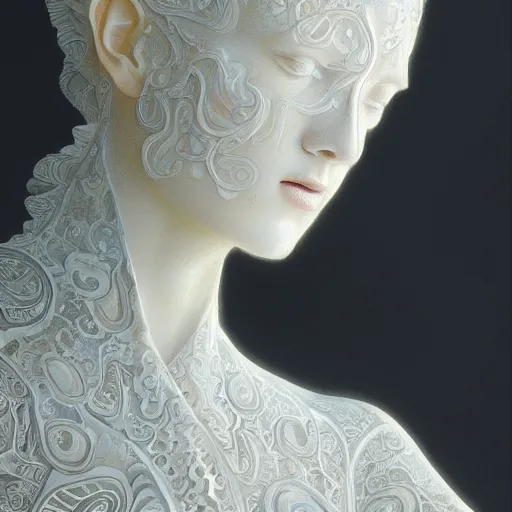 Prompt: opalescent marble portrait, up close, shallow depth of field, warm, masterpiece, ivory carving, fractal paisley inlay, lace, intricate, elegant, highly detailed, artgerm, matte painting, trending on artstation, lace, by ruan jia and greg rutkowski