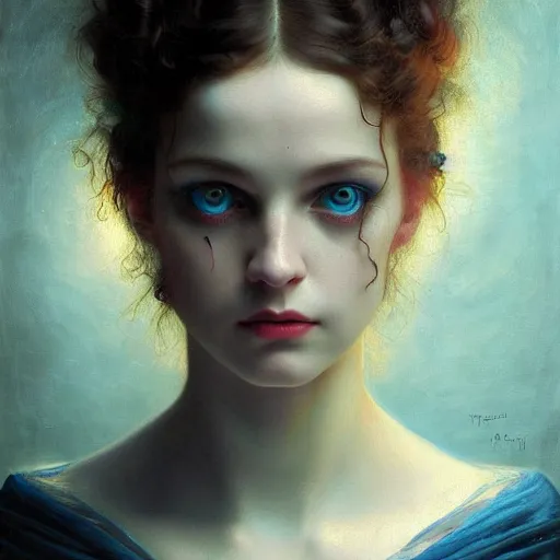 Prompt: highly detailed oil painting | very intricate | cinematic lighting | award - winning | beautiful blue eyes emerging from total darkness, black background | by roberto ferri, by tom bagshaw, by j. c. leyendecker and klimt, beautiful cinematic light, american romanticism, by austin osman spare, artstation, cgsociety, official art, octane