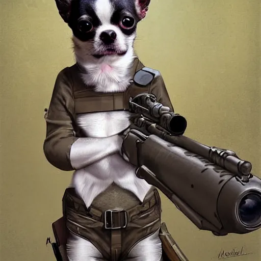 Image similar to chihuahua holding a sniper, digital art