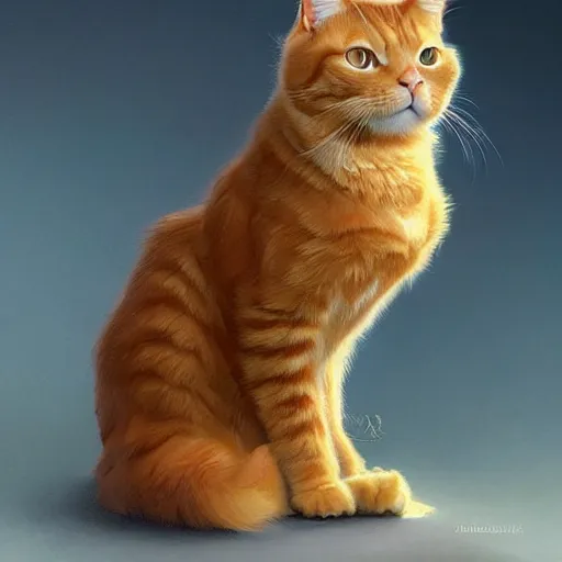 Image similar to ginger cat in a business suit, artists portrait, fantasy, highly detailed, digital painting, concept art, sharp focus, depth of field blur, illustration, art by artgerm and greg rutkowski and alphonse mucha